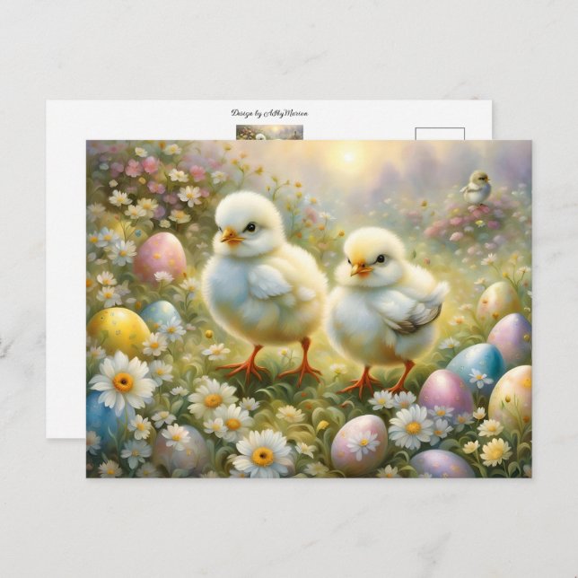 Carte Postale Petits poussins dans la prairie avec oeufs de Pâqu (Devant / Derrière)