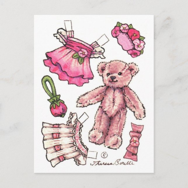 Carte Postale Pétunia rose Teddy Bear Papier Poupée mignonne car (Devant)