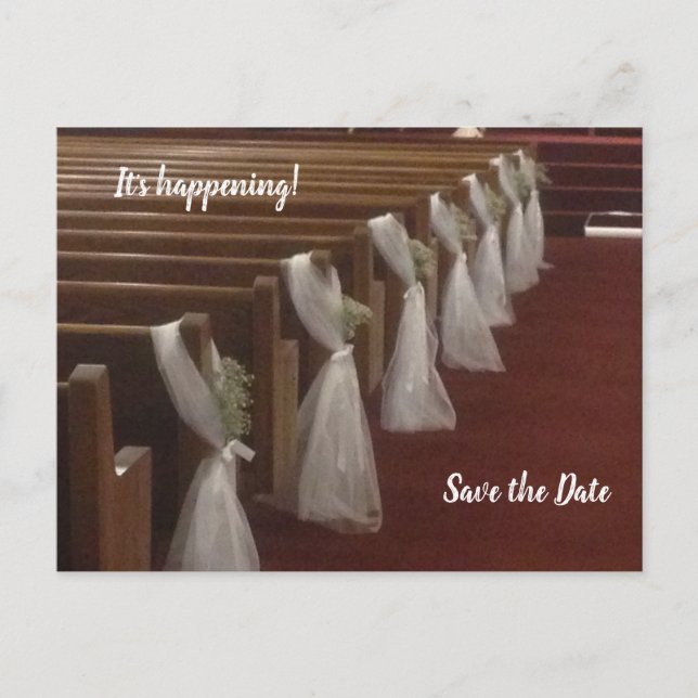 Carte Postale Pews décorées pour un mariage Enregistrer la date (Devant)