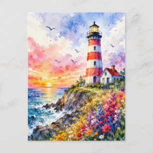 Carte Postale Phare aquarelle coloré au bord de la mer