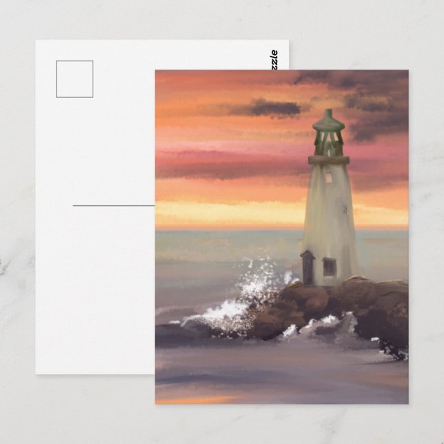 Carte Postale Phare côtier avec ciel rose et orange (Devant / Derrière)