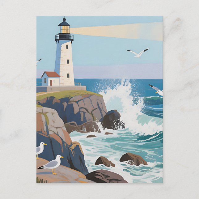 Carte Postale Phare côtier Vagues océaniques Mouettes (Devant)