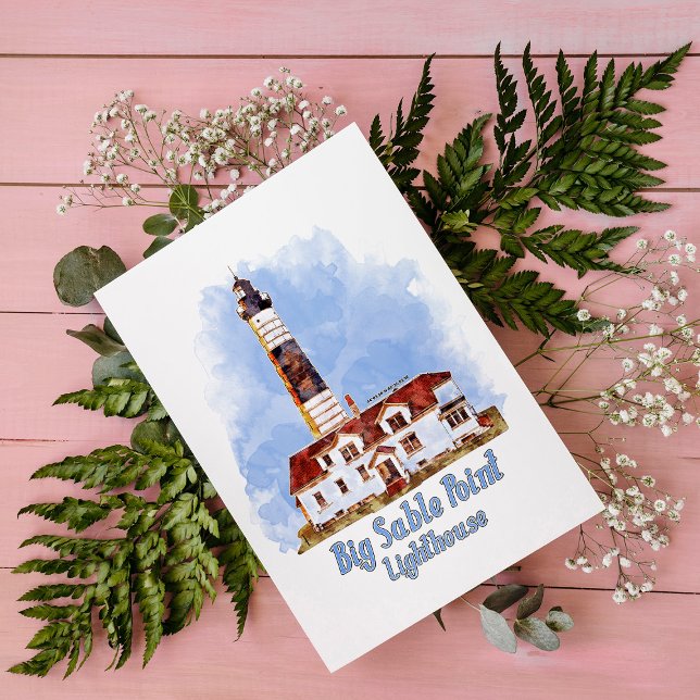 Carte Postale Phare de Big Sable Point, aquarelle - Michigan (Big Sable Point Lighthouse Watercolor - Michigan. Postcard)