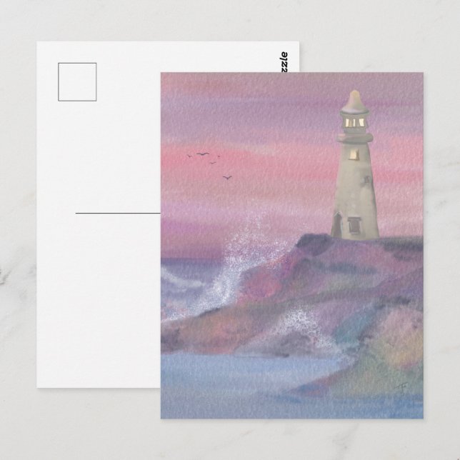 Carte Postale Phare de falaise côtière avec ciel rose (Devant / Derrière)