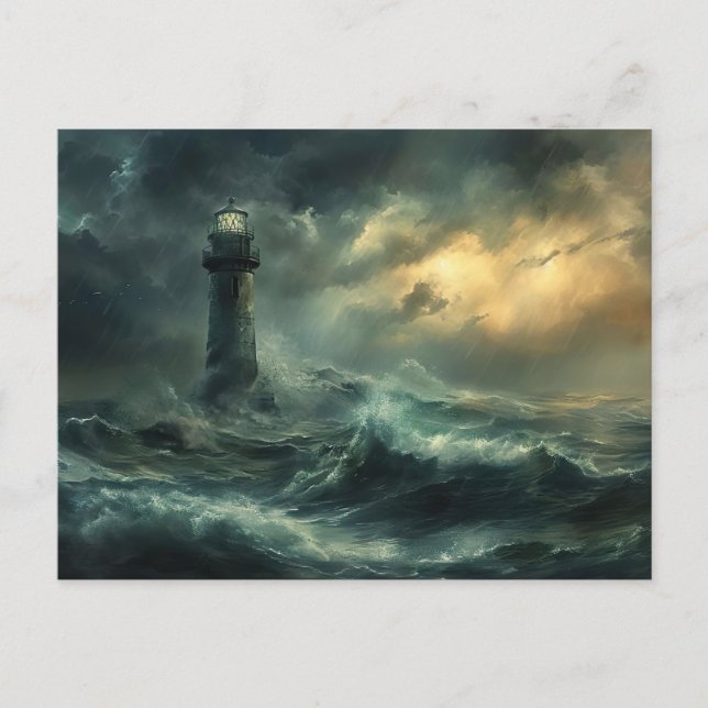 Carte Postale Phare de la nuit Tempête maritime (Devant)