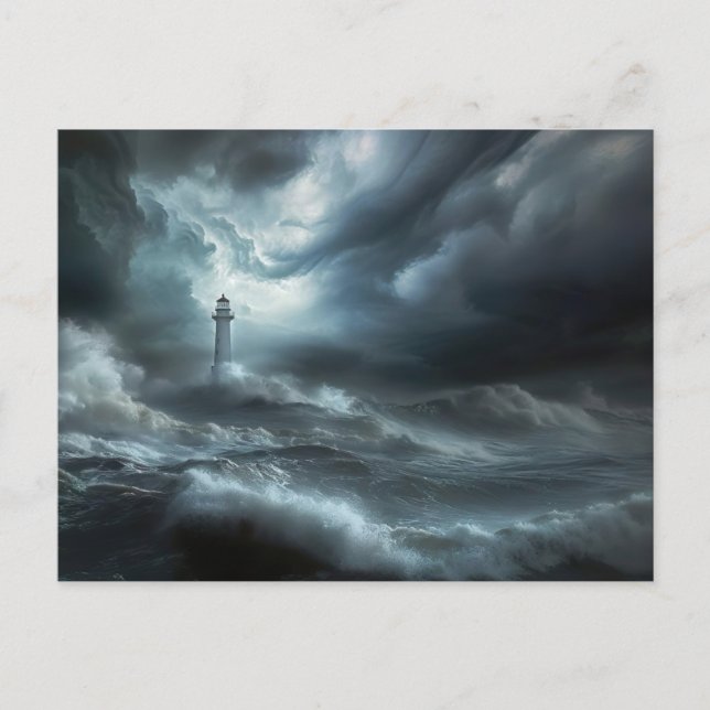 Carte Postale Phare de la nuit Tempête maritime (Devant)