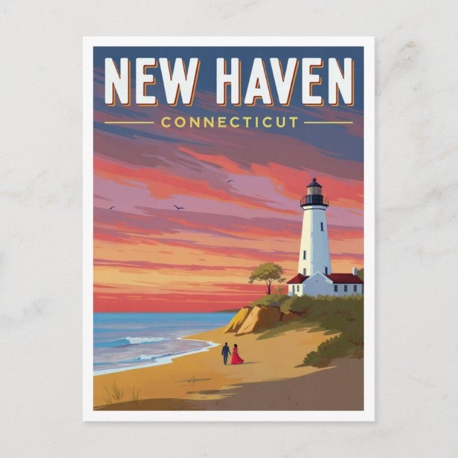Carte Postale Phare de New Haven Connecticut au coucher du solei (Devant)