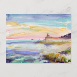 Carte Postale Phare de Villefranche Coucher de soleil Aquarelle