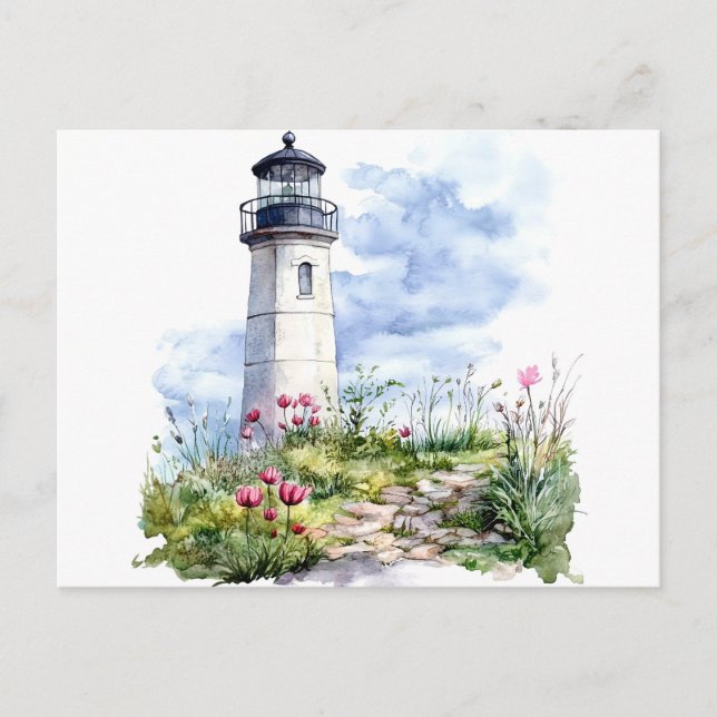 Carte Postale Phare en aquarelle de printemps (Devant)