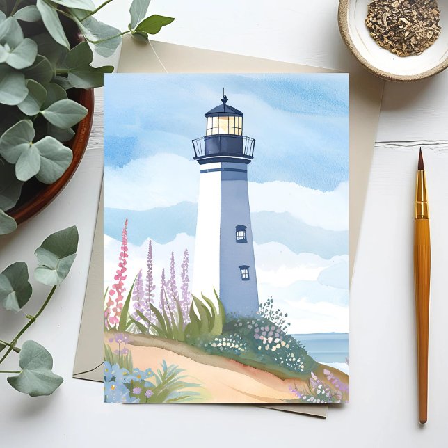 Carte Postale Phare en fleurs | Aquarelle côtière Florale (Créateur téléchargé)