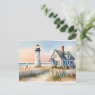 Carte Postale Phare et cottage au bord de la mer, scène aquarell
