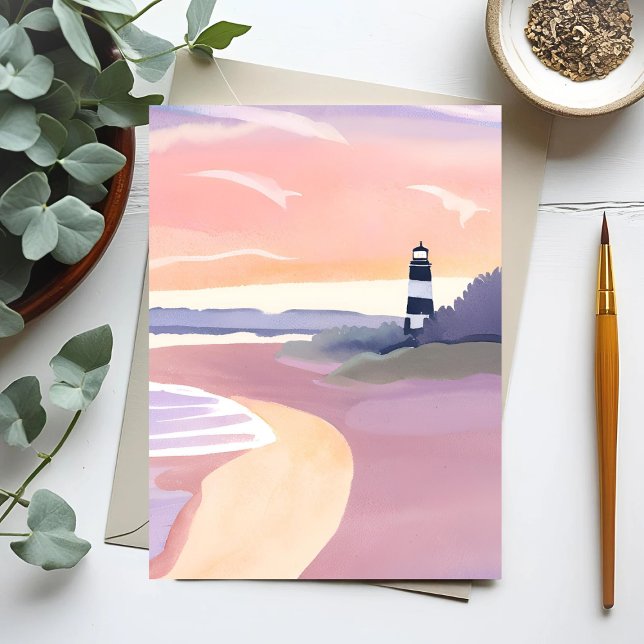 Carte Postale Phare pastel | Aquarelle de rivage de plage côtièr (Créateur téléchargé)