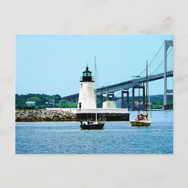 Carte Postale Phare, pont et bateaux, Newport, RI (Devant)