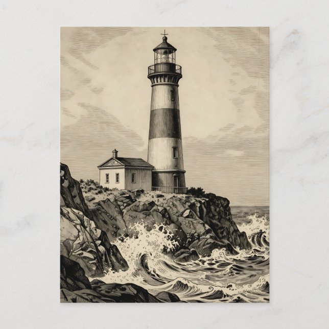 Carte Postale Phare rayé vintage côte orageuse  (Devant)