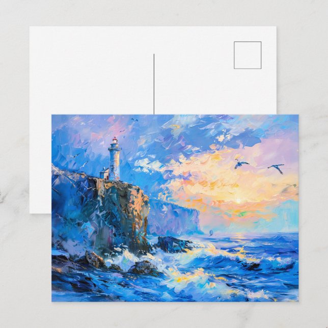 Carte Postale Phare sur la côte rocheuse Impressionniste (Devant / Derrière)