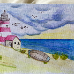 Carte Postale Phare sur la plage bateau de pêche océan côtier