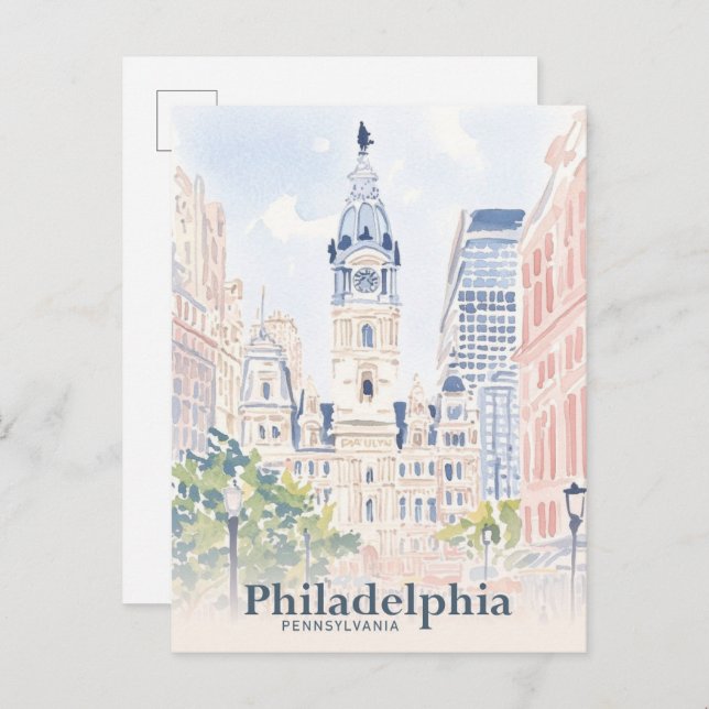 Carte Postale Philadelphie Pennsylvanie USA Watercolor Travel (Devant / Derrière)