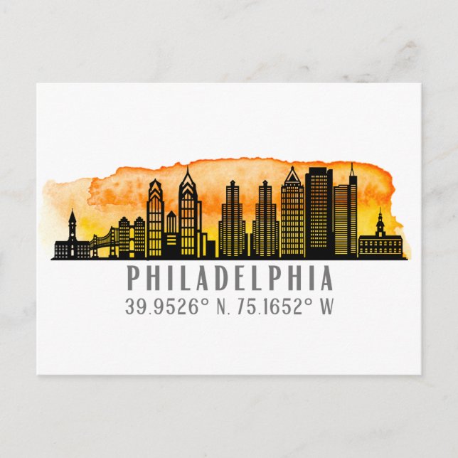 Carte Postale Philadelphie Sunset Skyline Map Coordinates (Devant)