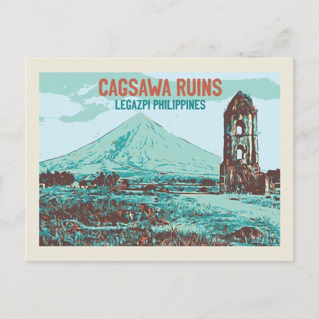 Carte Postale Philippines, ruines de Cagsawa, Legazpi, volcan Ma (Devant)