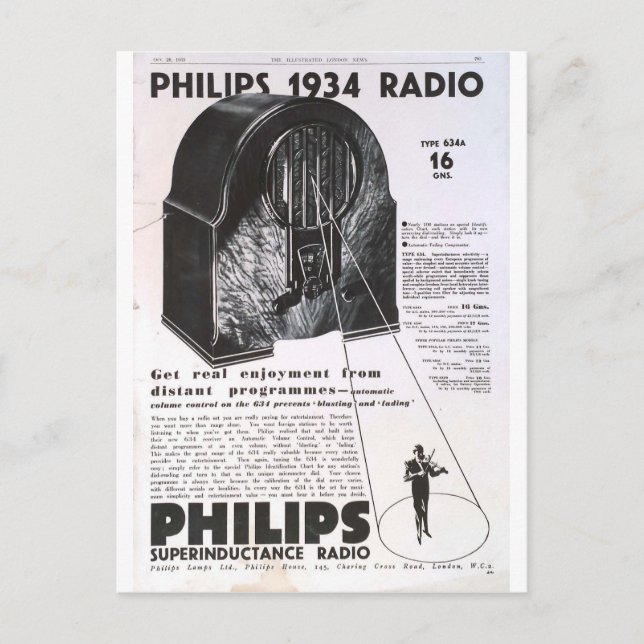 Carte Postale Philips 1934 radio rétro publicité antique (Devant)