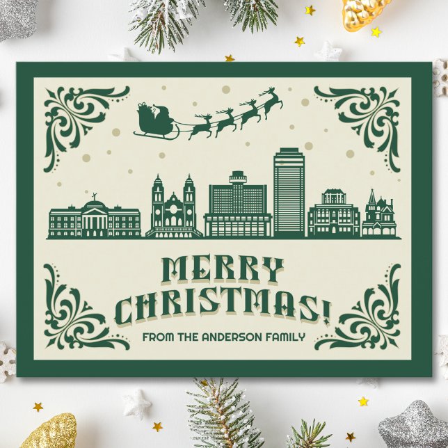 Carte postale Phoenix, AZ Skyline Christmas Holida (Phoenix, AZ skyline christmas card green modern merry christmas postcard with custom details)