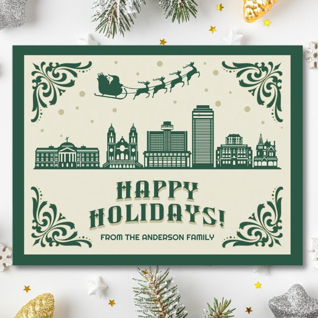 Carte postale Phoenix, AZ Skyline Happy Holidays (Happy Holidays Phoenix, AZ skyline cityscape christmas postcard customizable real estate Santa )