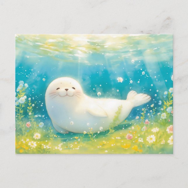 Carte Postale Phoque Blanc Souriant dans Océan Lumineux (Devant)