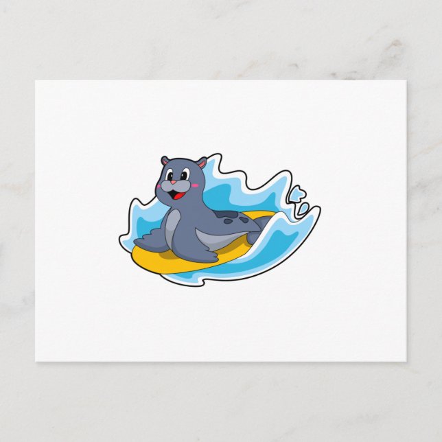 Carte Postale Phoque en surfeur avec planche de surf (Devant)