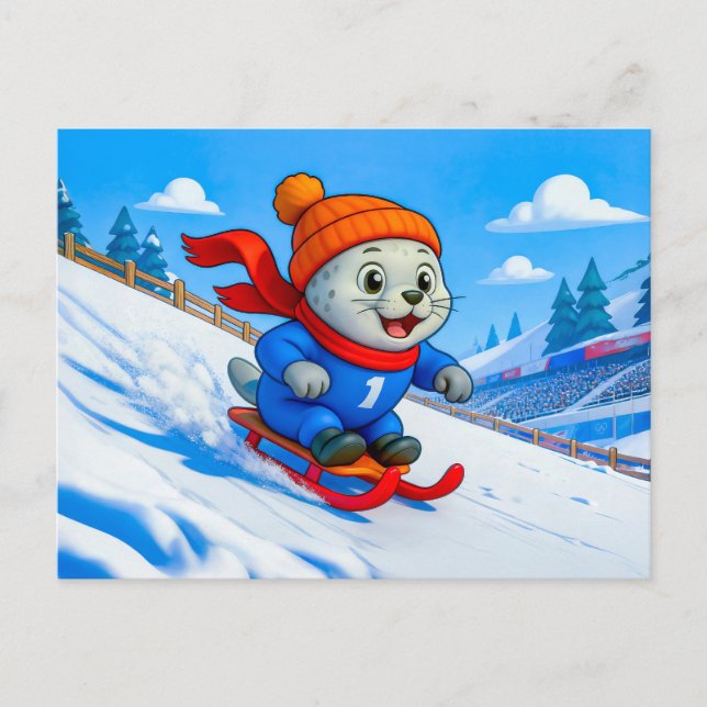 Carte Postale Phoque faisant de la luge dans une colline enneigé (Devant)