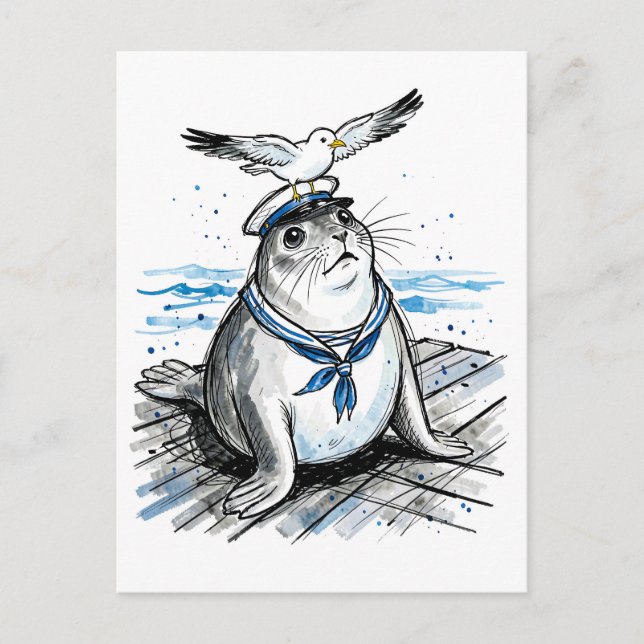 Carte Postale Phoque marin avec mouette dans une illustration à  (Devant)