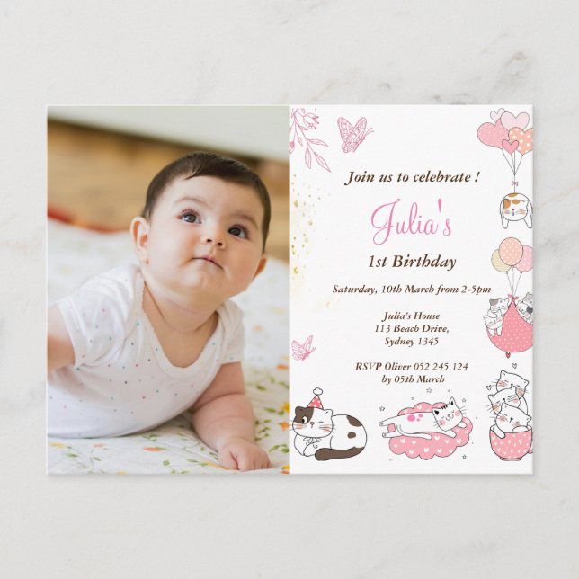 Carte Postale Photo 1er anniversaire bébé fille (Devant)