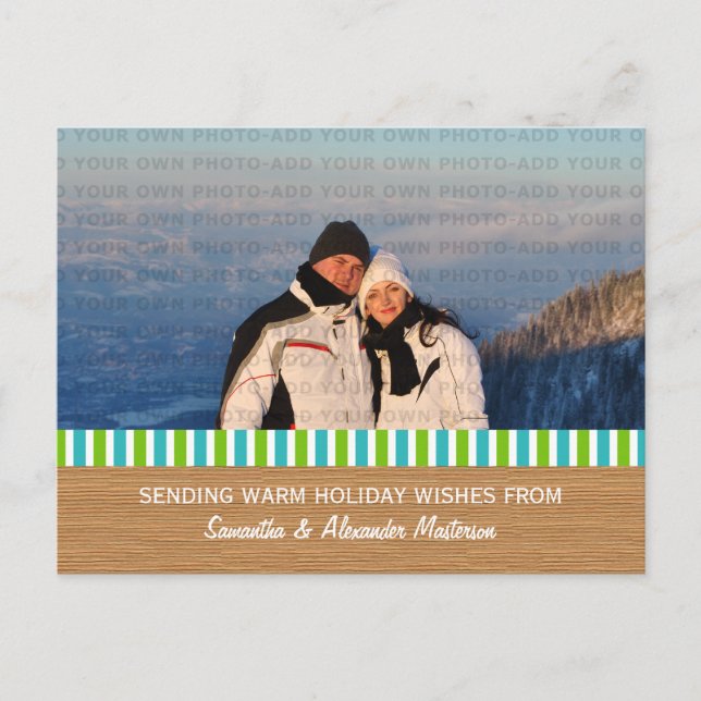 Carte postale photo à rayures rustiques Aqua/Vert (Devant)