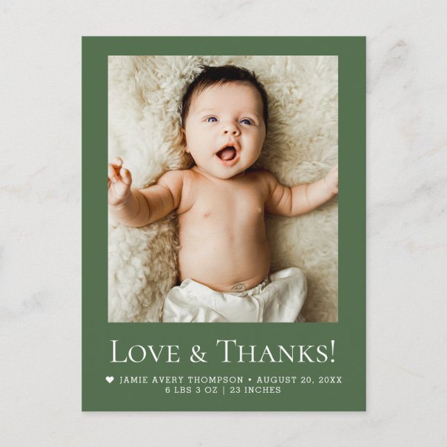 Carte Postale Photo Bébé Vert Forêt Amour & Merci Moderne  (Devant)