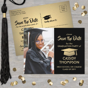 Carte Postale Photo Black & Gold Graduation moderne Enregistrer 