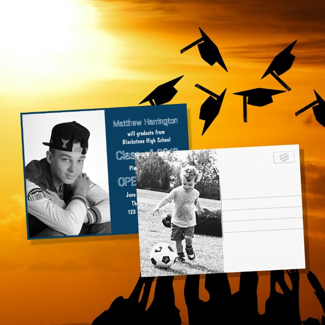 Carte postale photo bleue de remise de diplôme d'é (Créateur téléchargé)
