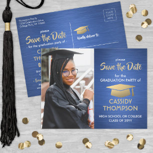 Carte Postale Photo Blue Gold et White Graduation Enregistrer la