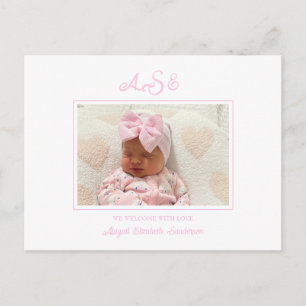 Carte Postale Photo Bow rose Faire-part de naissance blanc