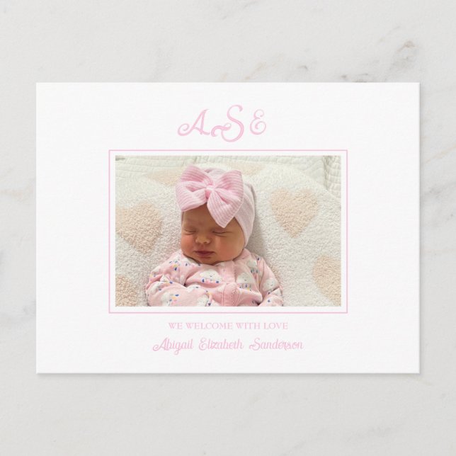 Carte Postale Photo Bow rose Faire-part de naissance blanc (Devant)