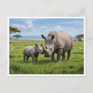 Carte Postale Photo d'agrandissement de rhinocéros adultes et bé