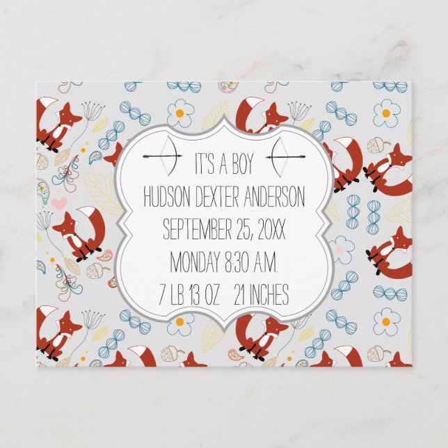 Carte Postale Photo de bébé garçon Fox Woodland Birth Record Sta (Devant)
