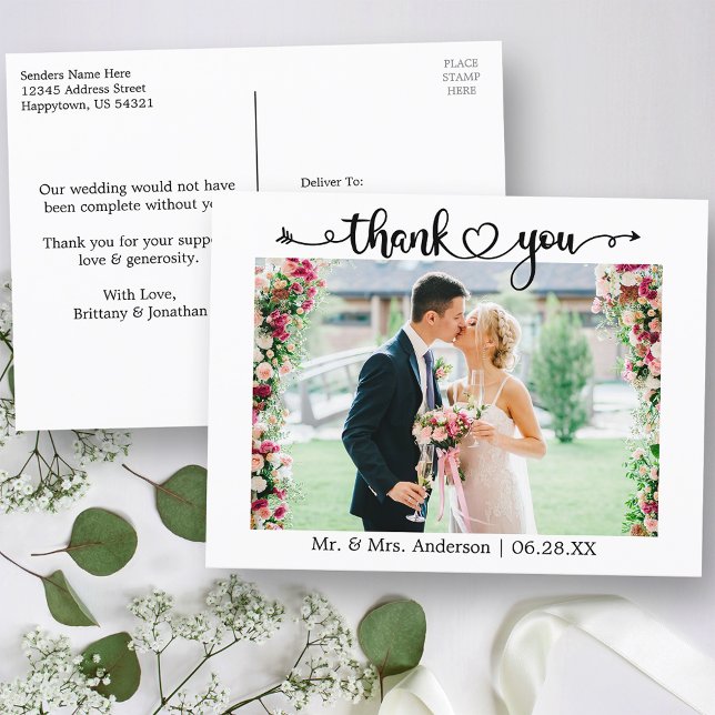 Carte Postale Photo de cœur de calligraphie Merci de mariage (Customize to change your personalized text size or text style.)