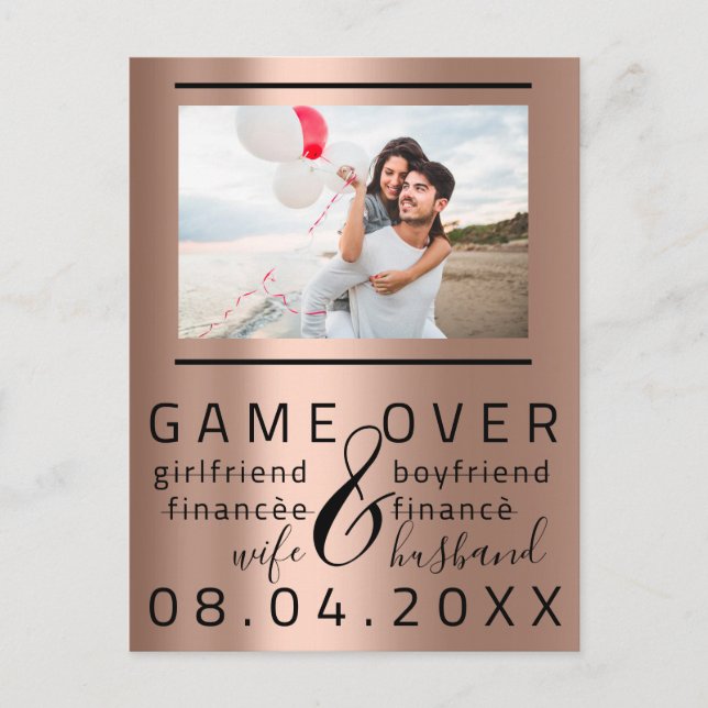 Carte Postale Photo de couple fun save the date maigre Game Over (Devant)