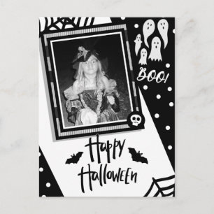 Carte Postale Photo de crâne noir et blanc fantaisiste d'Hallowe
