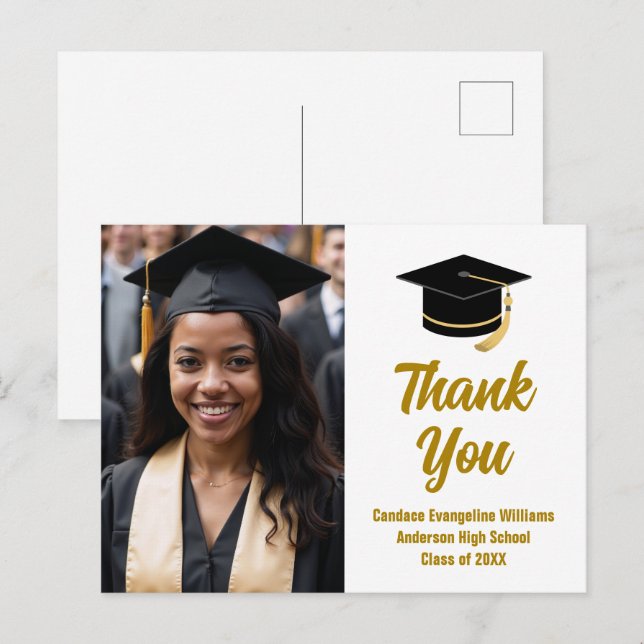 Carte Postale Photo de diplômé élégant Merci écriture dorée (Devant / Derrière)