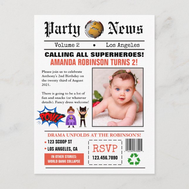 Carte Postale Photo de fête d'anniversaire des super-héros de jo (Devant)