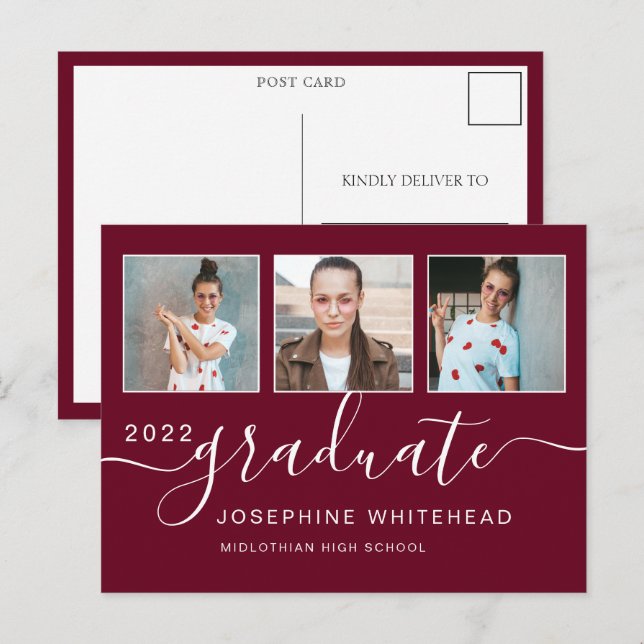 Carte Postale Photo de graduation de collage Burgundy minimal (Devant / Derrière)