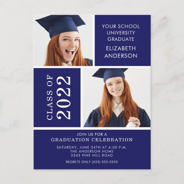 Carte Postale Photo de graduation Invite Classy Blue & White (Devant)