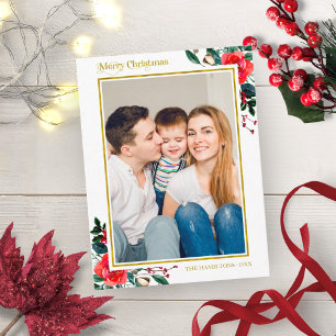 Carte Postale Photo de joyeux Noël floral aquarelle rouge