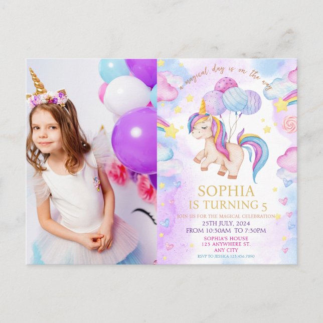 Carte Postale Photo de la fête d'anniversaire de la licorne (Devant)