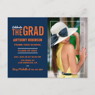 Carte Postale Photo de la fête de graduation orange et bleu